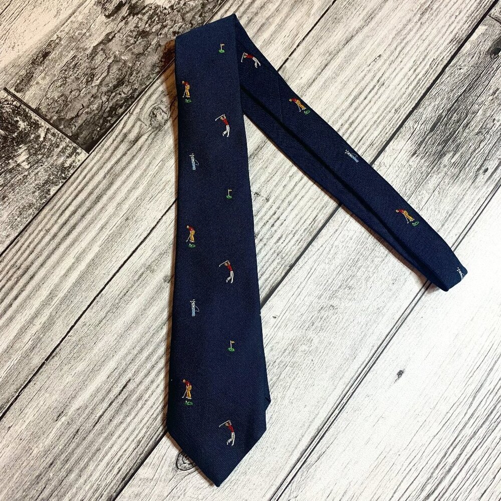 Vintage 90s Trader Vic's Embroidered Golf Themed Navy Retro Tie